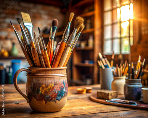 brushes and paints in the room