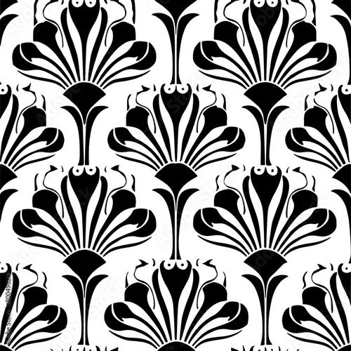 Black and white seamless Art Nouveau pattern  perfect for wallpaper  textiles  and graphic design backgrounds.