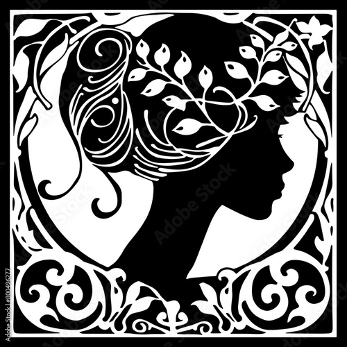 Elegant art nouveau illustration featuring a lady admiring a plant, perfect for creative design themes