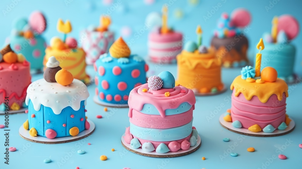 A variety of small, brightly colored cakes with different decorations on a blue background. A variety of small, brightly colored cakes with different decorations on a blue background.