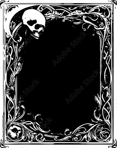Intricately designed baroque frame featuring skulls, perfect for gothic invitations, event cards, or dark-themed artwork.
