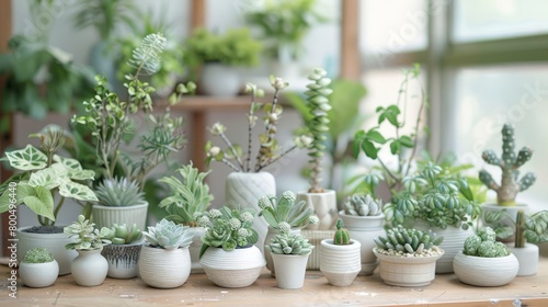 Wallpaper Mural A variety of small potted plants on a wooden table. Torontodigital.ca