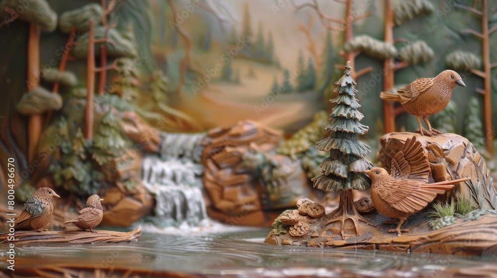 A wood carving of a forest with a waterfall, trees, and birds.