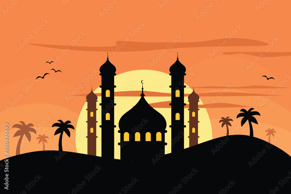 Vector flat Style Mosque vector illustration in Sunset Scene Silhouette mosque icon for sign and symbol of muslim worship place. Mosque icon of islam religion and muslim faith. Place of muslim to pray
