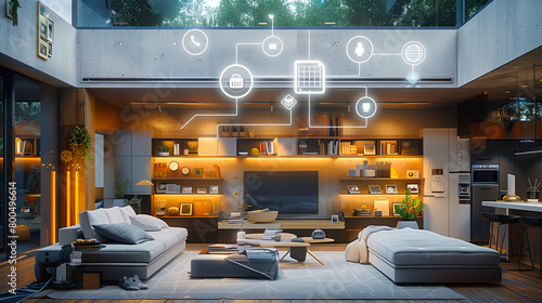  AIpowered smart home interior, showcasing various digital holographic projections representing different room types and their networked communication with the main system through data connections
