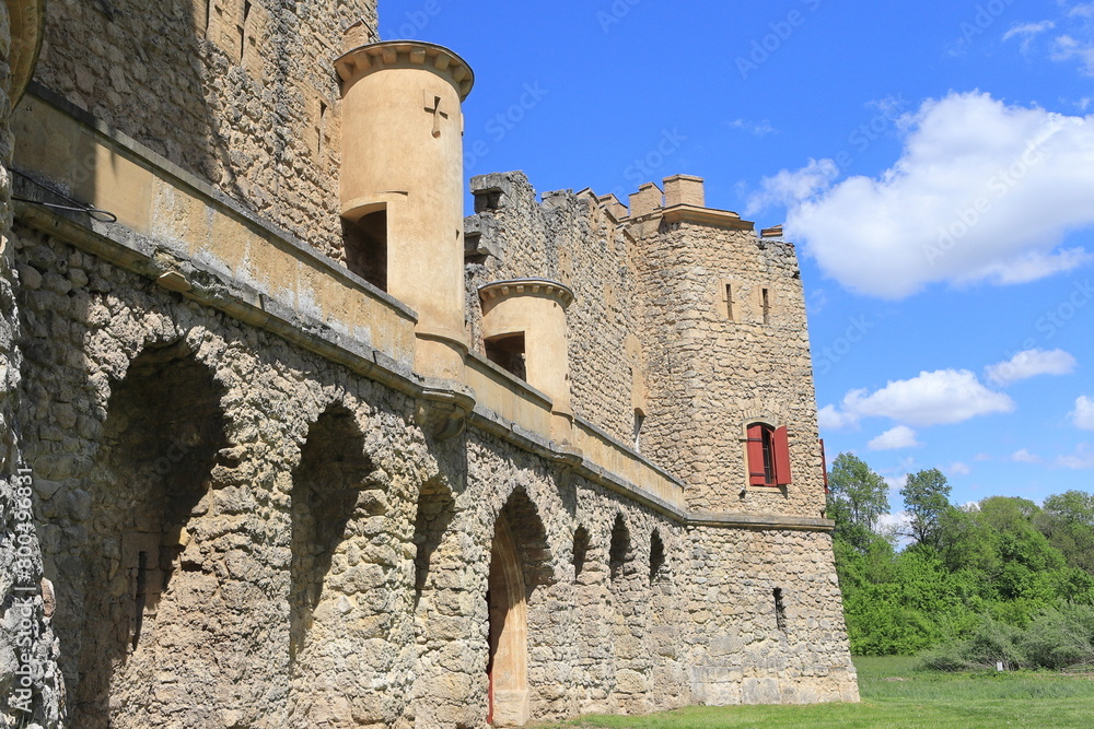 An artificial ruin of a medieval castle on the edge of the Lednice-Valtice area, built in 1801. The ruins of the castle Janohrad. Walls with a gallery. An artificial ruin of a medieval castle on the edge of the Lednice-Valtice area, built in 1801. The ruins of the castle Janohrad. Walls with a gallery.