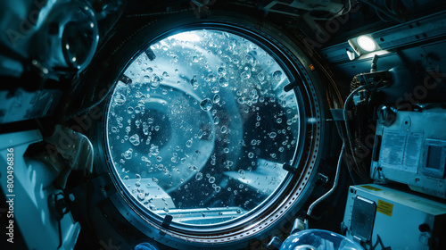The image offers a mysterious underwater perspective through a porthole window with water droplets photo