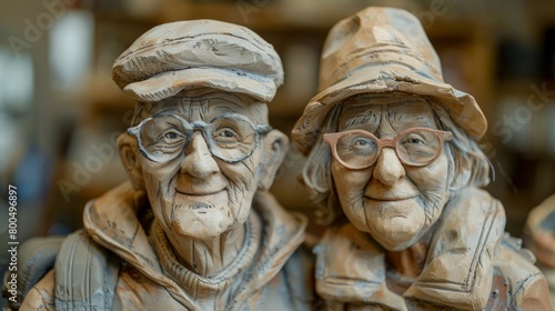 A wooden sculpture of two elderly people, with a focus on the details of their faces and clothing.