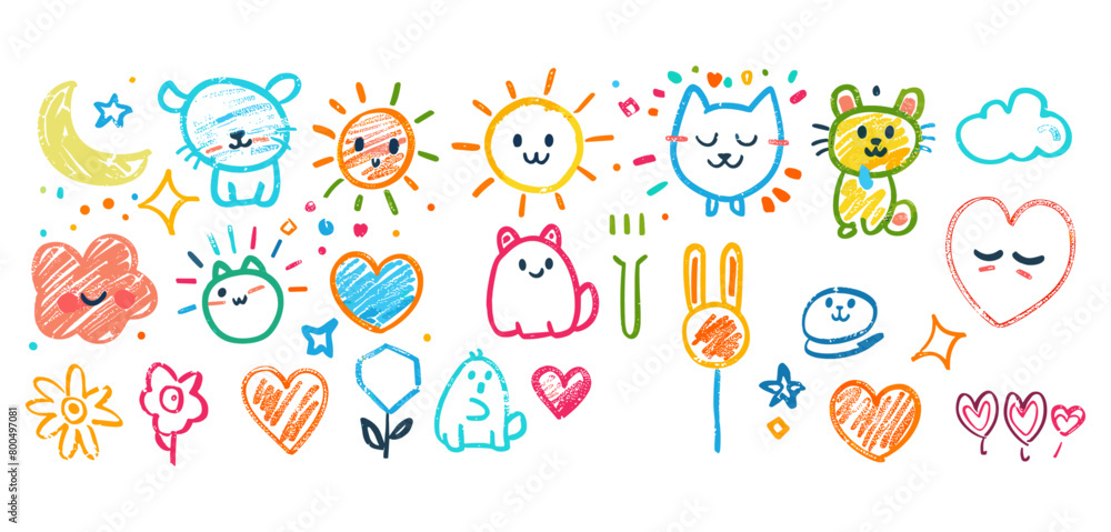かわいい子供の落書き落書きアイコンを設定します。太陽の花のハート猫犬虹雲笑顔の要素とシンボル。 かわいい子供の落書き落書きアイコンを設定します。太陽の花のハート猫犬虹雲笑顔の要素とシンボル。
