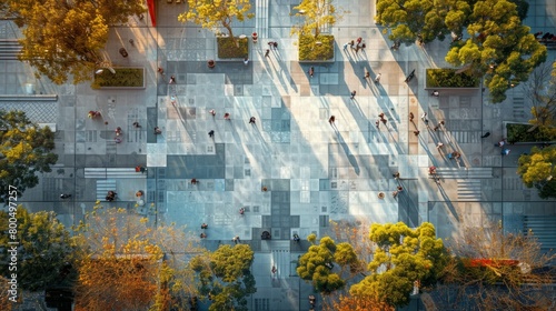 An aerial view of a city square with people walking around. © Rattanathip