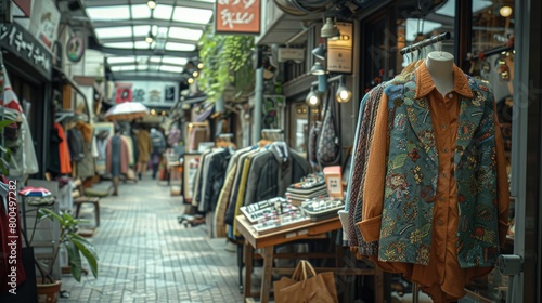 An alleyway in a Japanese shopping district with vintage clothes displayed outside the shops. © Rattanathip