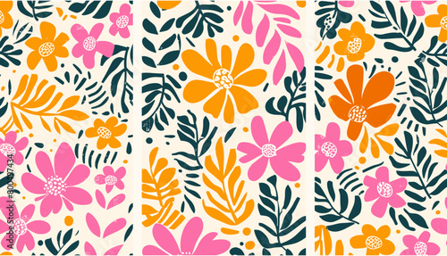 トレンディな素朴なレトロなヒッピー 60 年代 70 年代スタイルに設定された現代的な抽象的なフラワー アート。グルーヴィーな有機落書きの形、ピンク、黄色、オレンジ色の花の植物のベクトル図、ポスター、背景、サイケデリック、活気のある、気まぐれな、ヴィンテージ、ボヘミアン