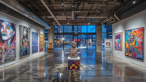 An art gallery with colorful paintings and sculptures