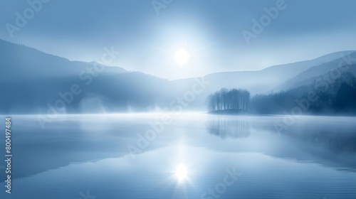  A foggy scene of a body of water surrounded by mountains with a radiant sun overhead