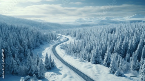 Serene Winter Wonderland with Snow-Covered Forest and Curving Road