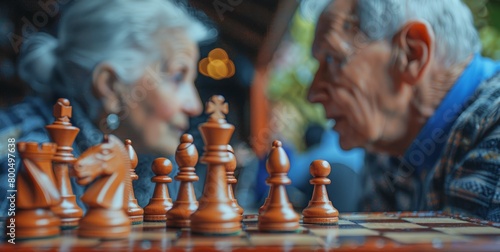 An elderly couple is playing chess in a retirement home.