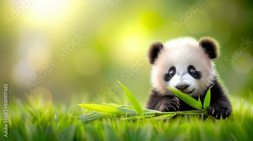   A small panda sits atop a verdant grass field  surrounded by a single green leafy plant