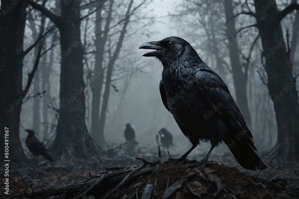 Fototapeta premium Gothic Intrigue Captured by a Shimmering Raven Pondering Amidst Dead Leaves