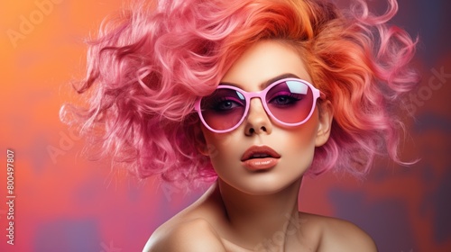Vibrant Pink-Haired Woman with Stylish Sunglasses on Colorful Background