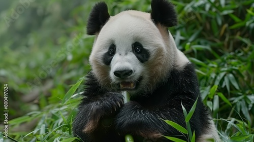   A tight shot of a panda in a meadow  surrounded by tall trees in the background and dense bushes up front