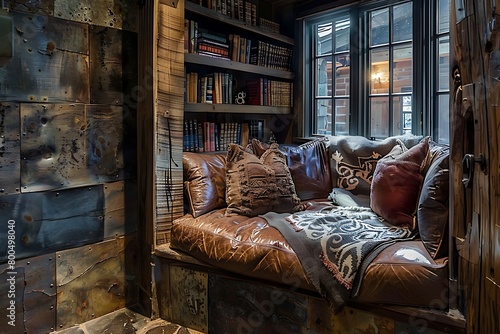 Distressed leather upholstery in a rustic reading nook