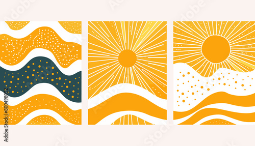 トレンディな素朴なヒッピー 60 年代 70 年代スタイルの現代的な有機的な落書きの形は、黄色の色のグルービーなレトロな抽象的な太陽の背景の水平波状ベクトル図です。ヴィンテージ、活気に満ちた、サイケデリック、カラフル、アールデコ。