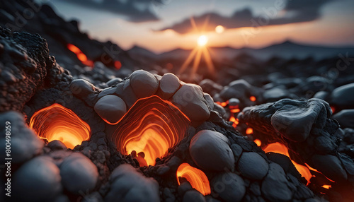 Landscape photo of fiery vulcanic red hot lava rocks flow at sunset, Nature backgrounds, geology illustrations. photo