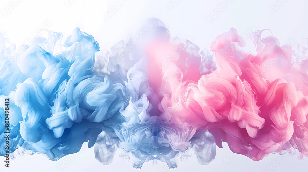 Colorful Blue and Pink Smoke Meeting in Mid-Air Against a White Background