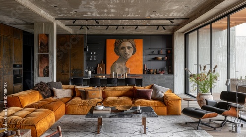 An industrial-style living room with a large, orange velvet sofa, a gray marble coffee table, and a painting of a woman in a black dress.