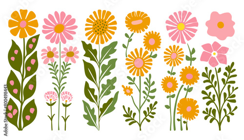 マティスの曲線美。グルーヴィーな抽象的なフラワー アート セット。トレンディな素朴なレトロなヒッピー 60 年代 70 年代スタイルの有機的な花の落書きの形。ピンク、黄色、緑の色の植物のベクトル図。