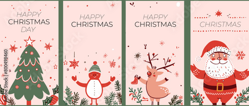 メリークリスマス、そしてハッピーニューイヤー。サンタ クロース、クリスマス ツリー、トナカイ、トレンディなレトロな漫画スタイルのヒイラギの陽気な雰囲気。グリーティング カード、ポスター、版画、パーティーの招待状。赤とピンクの色。 photo