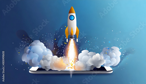 Space rocket takes off from mobile device with smoke, creative idea. Application and optimization