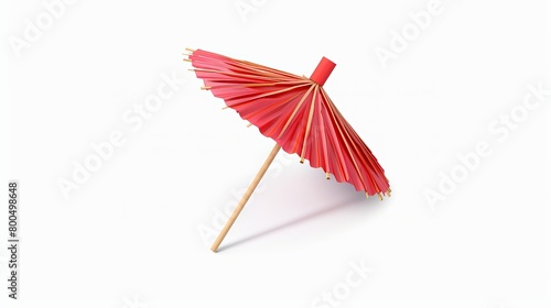 Realistic 3D vector model of a toothpick cocktail umbrella, crafted from red paper, isolated on a white background.