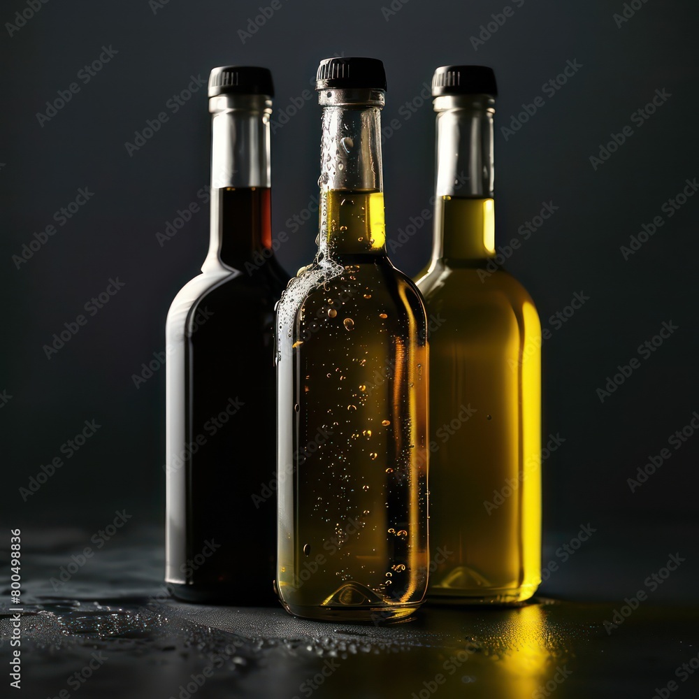 olive oil bottles on a sleek surface isolated on a black background, excellent light and realism olive oil bottles on a sleek surface isolated on a black background, excellent light and realism