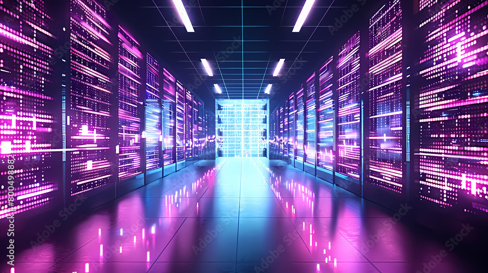 Futuristic Data Center With Glowing Neon Lights