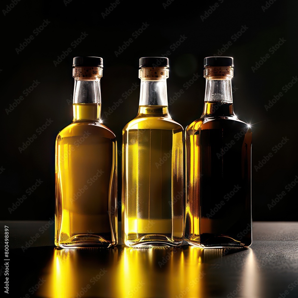 olive oil bottles on a sleek surface isolated on a black background, excellent light and realism olive oil bottles on a sleek surface isolated on a black background, excellent light and realism