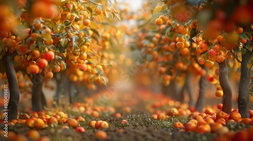 An orchard of orange trees with ripe oranges hanging from the branches and fallen on the ground.