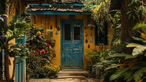 An overgrown and weathered blue door in a yellow wall, surrounded by lush green plants and flowers. © Rattanathip