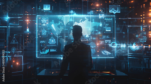 A businessman using a holographic display to visualize business data and projections, with iconic business symbols like briefcases and contracts floating in the holographic space