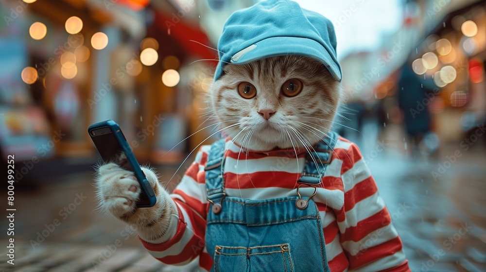 A cat is on the phone on the street