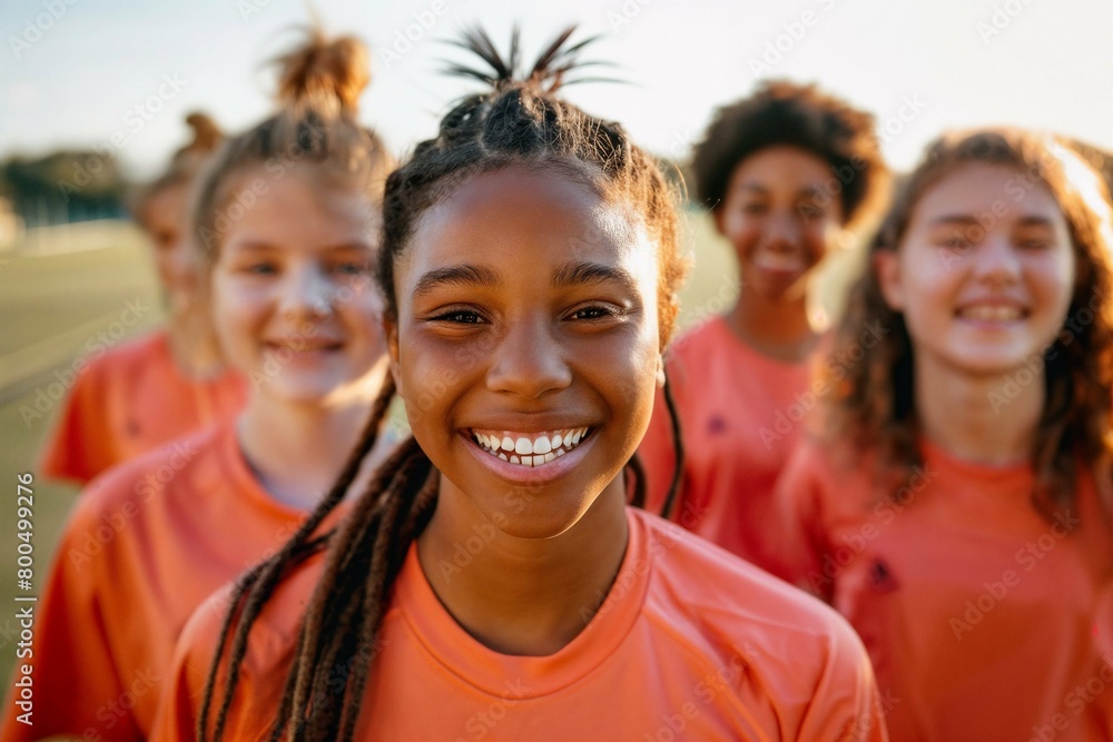 A diverse group of young girls in soccer gear, smiling together on the field, showcasing team unity A diverse group of young girls in soccer gear, smiling together on the field, showcasing team unity