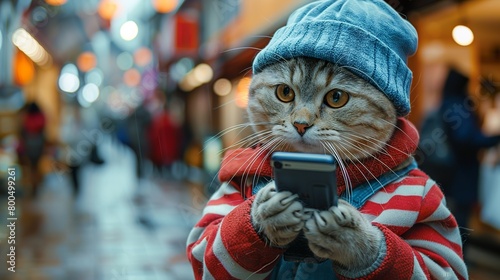 A cat is on the phone on the street © Pters