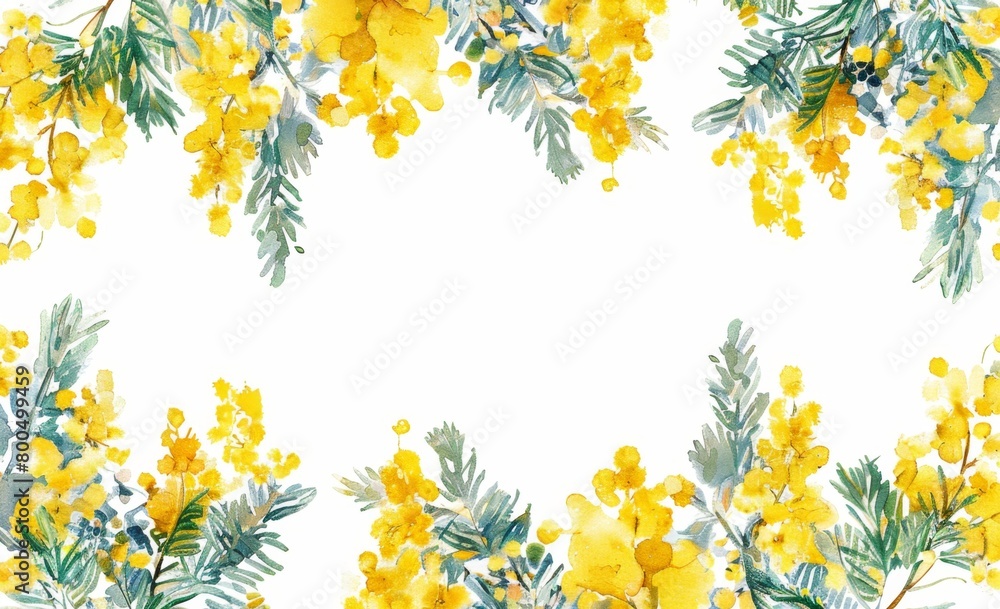 An illustration of yellow mimosa flowers in watercolor style on the sides and bottom border with a white background, leaving space for text Generative AI An illustration of yellow mimosa flowers in watercolor style on the sides and bottom border with a white background, leaving space for text Generative AI