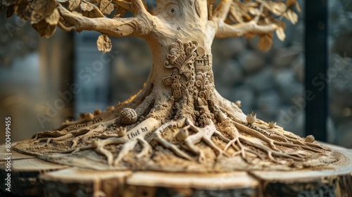 Carved wooden tree sculpture with intricate Celtic patterns and symbols