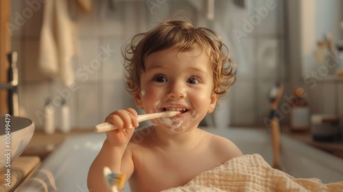 Adorable Toddler Enjoying Toothbrushing Time in Bathroom