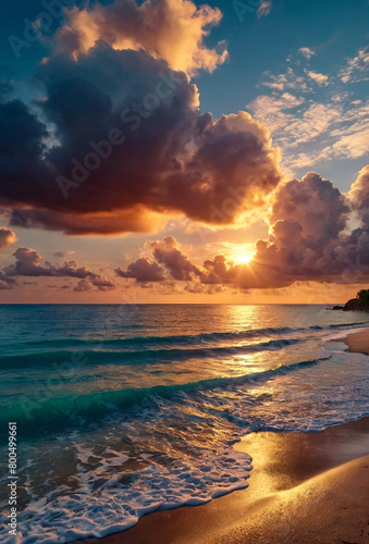 Background tropical sunset nature landscape in sandy beach on amazing seascape with cloudy sky  ocean on coastline  Sri Lanka. Summer vacation travel concept. Wallpaper of tropic sea. Copy text space