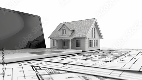 Representation of a laptop, house model, and blueprint illustrating a project in 3D. © Tahir