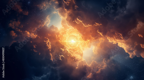 An awe-inspiring scene of cosmic clouds illuminated by a bright  fiery light in the center  invoking the vastness of space