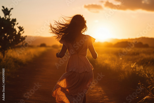 女, 女性, 後ろ姿, 走る女性, 女性の後ろ姿, 夕焼け, ドレス, ドレスを着た女性, woman, female, back view, running woman, woman's back view, sunset, dress, woman in dress