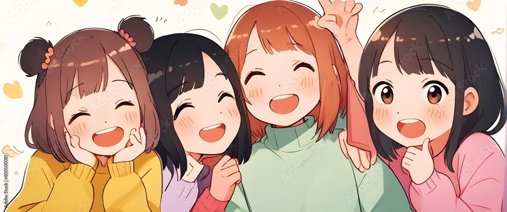 Illustration of a group of diverse cute and happy young girls. Generative AI Illustration of a group of diverse cute and happy young girls. Generative AI